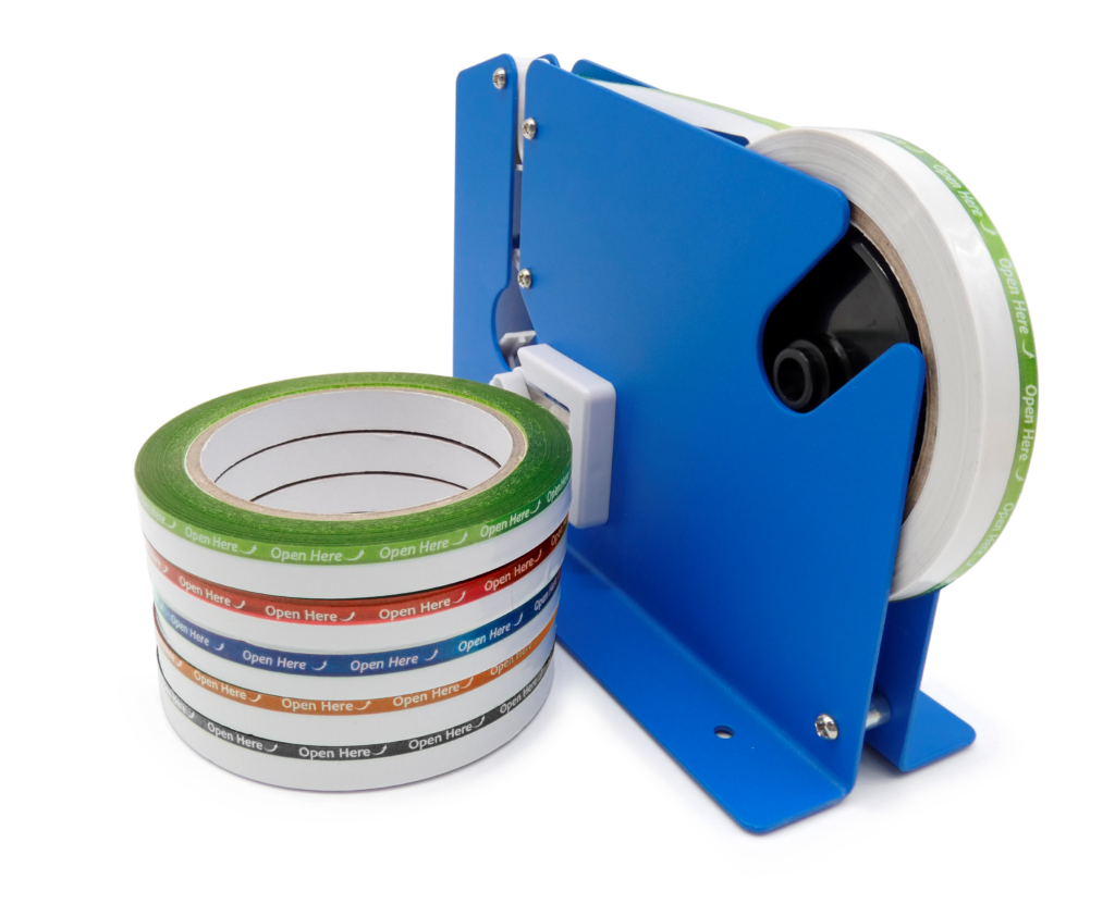 Table-top sealing tape dispenser for butchers tape with a stack of different colours of butchers tape